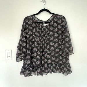 Anna Sui Black Floral Chiffon Ruffled Hem Blouse